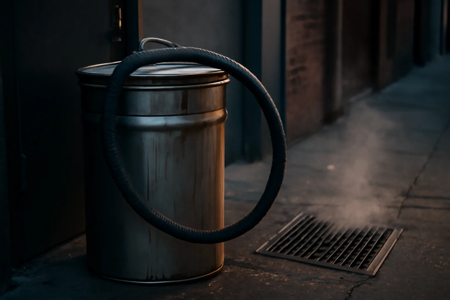 Yellow grease collection drum behind a California restaurant at dusk